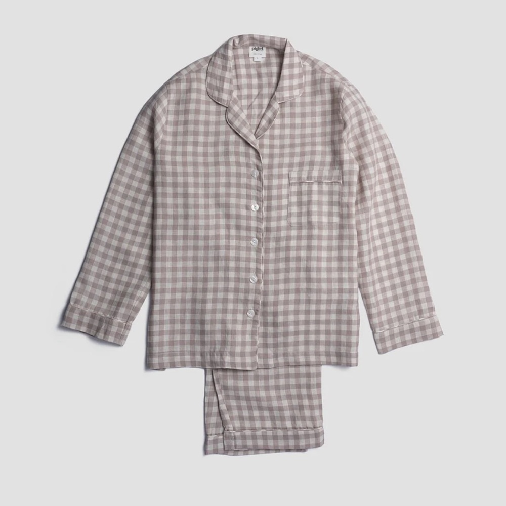 Piglet in Bed Mushroom Gingham Pajama Set (Size Medium)